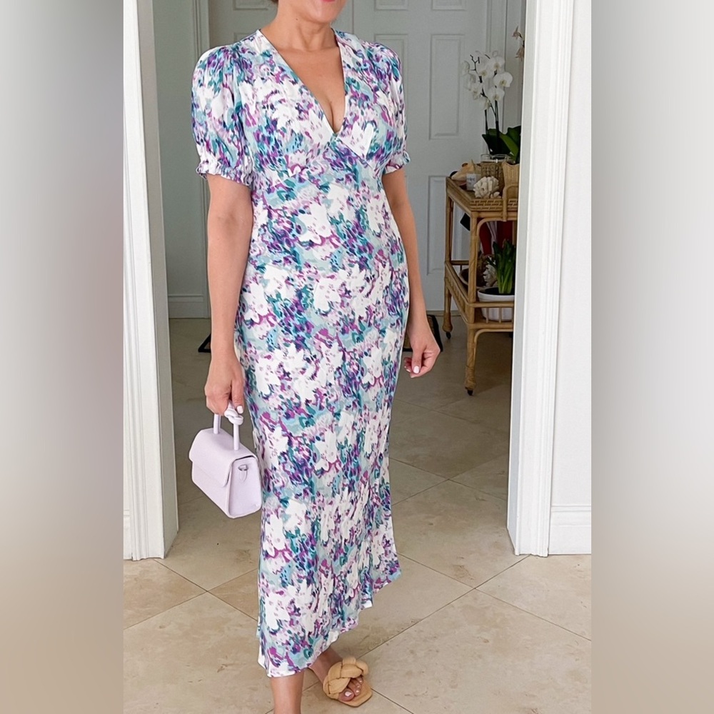 Women's Crepe Puff Short Sleeve Midi Dress - A New Day™ Blue Floral